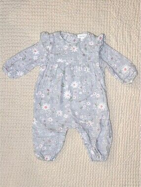 Angel Dear Ruffle Shoulder Floral Gauze Romper - Sz 0/3m